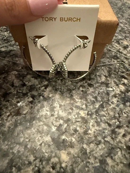 Tory Burch Silver Logo Drop Earrings - Picture 2 of 3